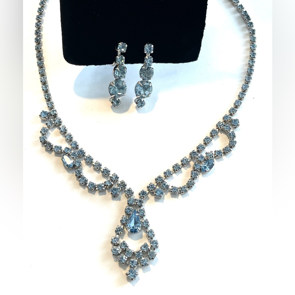 Blue Crystal Rhinestone Vintage Necklace Set Earrings